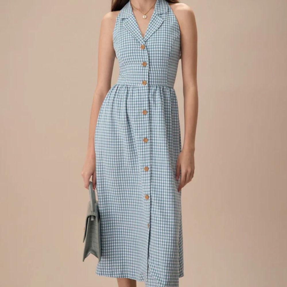 NWT Blue Lapel Plaid Sleeveless Shirt Midi Dress